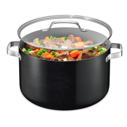 Black 16 Quart Aluminum Stock Pot with Lid, Nonstick Ceramic Coated Boiling Pot, PTFE & PFAS Free, Oven Safe to 500°F, Riveted Stainless Steel Handles, Tempered Glass Lid, All Stove Compatible