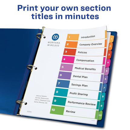 Avery 10 Tab Dividers for 3 Ring Binders, Customizable Table of Contents, Multicolor Tabs, 24 Sets (11169)