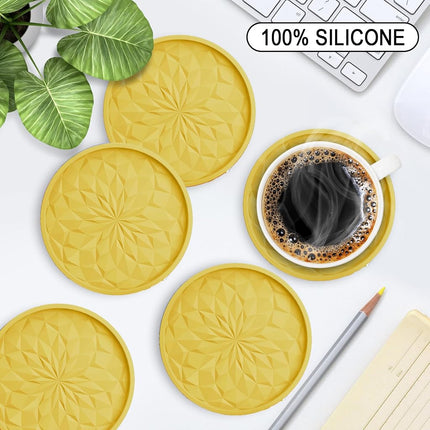 ME.Fan Silicone Coasters [6 Pack] Coasters with Holder - Drinking Coasters - Cup Mat for Drinks - Live for Hot or Cold Drink Thickened, Non-Slip, Non-Stick, Deep Tray Yellow