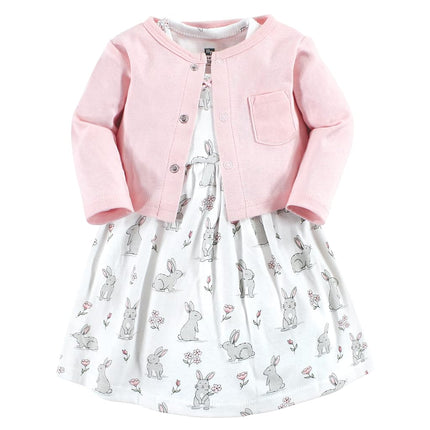 Hudson Baby Baby Girls' Cotton Dress and Cardigan Set, Bunny Floral, 12-18 Months