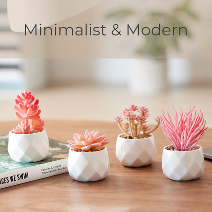 Nordik Miniature Artificial Succulent Set of Four Geometric Round White Pots - Office Decor for Women Desk, Indoor, Living Room, Home and Desk Decor – Pink Faux Succulents