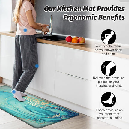 MAYHMYO Kitchen Rugs and Mats Set of 2 Teal Marble Gold Anti Fatigue Mat PVC Non Slip Turquoise Foam Cushioned Kitchen Mats for Floor Dining Room Home Office Sink Laundry…