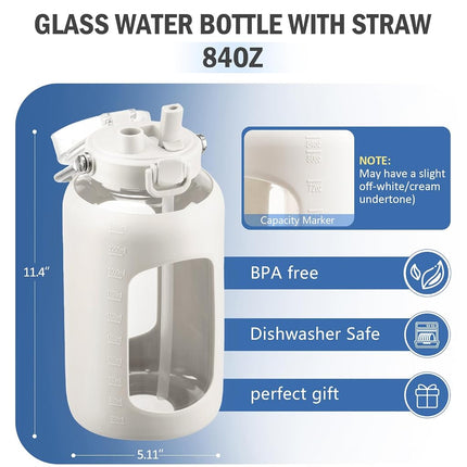 BLUEGO 2.5L Water Bottle Glass with Stainless Steel Handle 2500ml Large Water Bottle with Time Markers and Silicone Sleeve Half Gallon Water Jug BPA Free for Gym Daily Use, White