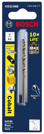 BOSCH CO2136B 1-Piece 9/64 In. x 2-7/8 In. Cobalt M42 Metal Drill Bit with Three-Flat Shank for Drilling Applications in Stainless Steel, Cast Iron, Titanium, Light-Gauge Metal, Aluminum