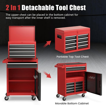 Goplus Tool Chest, 5-Drawer Rolling Cabinet with Detachable Top Toolbox, Lockable Wheels, Lock Bar, Protective Liner & Tool Rack, Metal Storage Cart for Garage Workshop