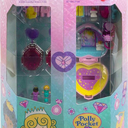 POLLY POCKET Colección de recuerdos de la princesa Juego de joyas del baile real, tema Castillo de unicornio, 2 muñecas, anillo y joyero, pendientes, pulsera, para mayores de 4 años