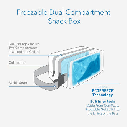 PackIt Freezable Dual Compartment Snack Box, Midnight Navy, Insulated and Freezable with ECOFREEZE Technology, Buckle Handle, Zip Closure, Reusable, Collapsible, Designed for Perishables and Dry Snack