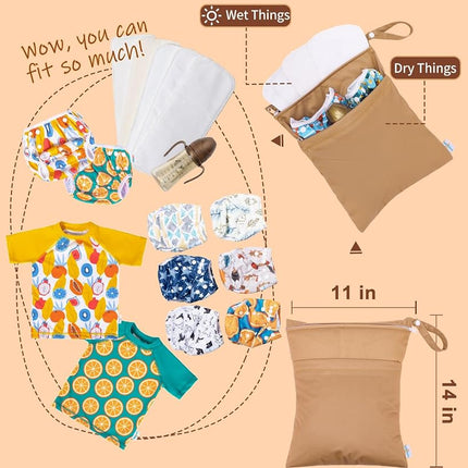 babygoal Wet and Dry Bags for Baby Nappies, Washable Travel Bags, Beach, Pool, Gym Bags for Swimsuits and Wet Clothes, with Two Zip Pockets, Light and Dark Brown, Light and Dark Brown