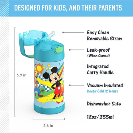 THERMOS FUNTAINER 12 Ounce Stainless Steel Vacuum Insulated Kids Straw Bottle, Mickey Mouse