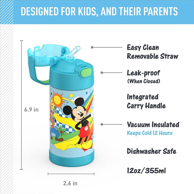 THERMOS FUNTAINER 12 Ounce Stainless Steel Vacuum Insulated Kids Straw Bottle, Mickey Mouse