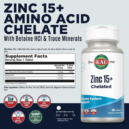 Kal 15 Mg Zinc Chelated Plus Tablets, 100 Count
