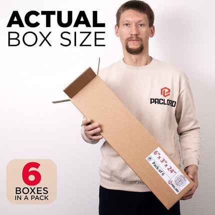 Paclord 6 Pack Large Cardboard Boxes 6" L x 3" W x 24" H - USA Made Packaging Boxes for Moving House, Shipping or Storage - USPS, UPS Approved
