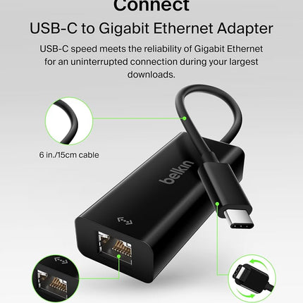 Belkin F2CU040btBLK USB-C to Gigabit Ethernet Adapter (USB-IF Certified, Compatible with MacBook Pro (2016), Dell XPS 13 inch), Black