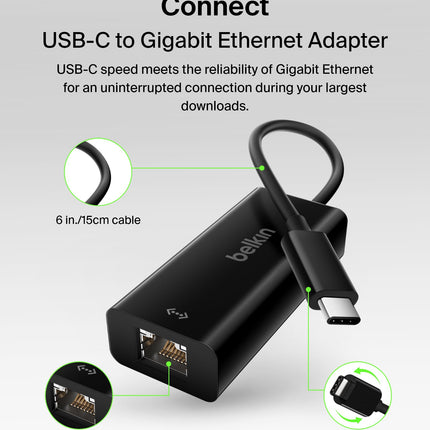 Belkin F2CU040btBLK USB-C to Gigabit Ethernet Adapter (USB-IF Certified, Compatible with MacBook Pro (2016), Dell XPS 13 inch), Black