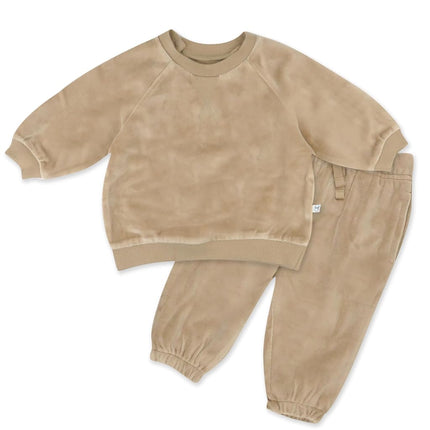 HonestBaby Baby 2-Piece Cozy Velour 100% Cotton Sweatshirt and Jogger Sweatpants Set, Sand, 3T