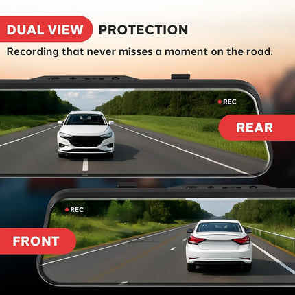 Pyle Dual Dash Cam Rearview Mirror, 1080p Full HD Front and Rear Car Camera with Night Vision, G-Sensor, Loop Recording, 9.66” Touchscreen, Backup Cam, Motion Detection, Wide-Angle Lens, 12" x 2" x 3"