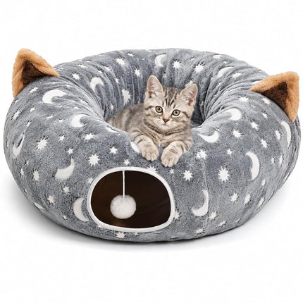 LUCKITTY Cat Tunnel Bed Under Christmas Tree with Plush Ball Toy Playground Crinkle Collapsible Self-Luminous Flannel Fabric 3FT for Large Cats Kittens Kitty Small Animals Puppy Grey Moon Star