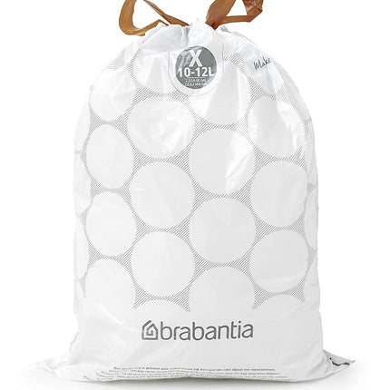 Brabantia 138089 PerfectFit Bin Liners Multipack (Size X/10-12 Litre) Thick Plastic Trash Bags with Tie Tape Drawstring Handles (200 Bags), White