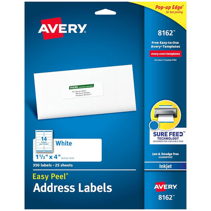 Etiquetas de dirección AVERY, Impresoras de inyección de tinta, 350 etiquetas, 3.4 x 10.2 cm, Adhesivo permanente, 5 paquetes (8162), Blancas