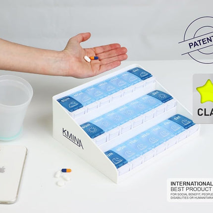 KMINA - Weekly Pill Organizer 3 Times a Day, Pill Box 7 Day 3 Times a Day, Pill Organizer Weekly, Medicine Organizer Box, Extra Large Pill Organizer, Vitamin Organizer Container - Made in Europe