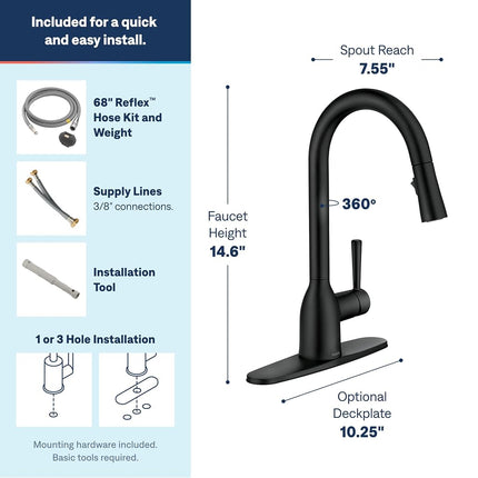 Moen 87233BL Adler One-Handle High Arc Pulldown Kitchen Faucet with Power Clean, Matte Black