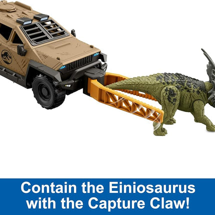 Mattel Jurassic World Truck & Einiosaurus Dinosaur Action Figure Toy with Flip Roll Feature, Mission Mayhem Destruction Vehicle, HRX52