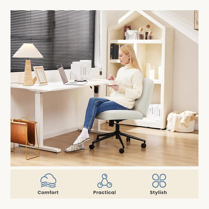 Chaise de bureau à roulettes DUMOS Criss Cross, chaises de bureau/coiffeuse larges à pieds croisés, chaises pivotantes réglables sans accoudoirs en tissu pour ordinateur/travail à domicile, beige