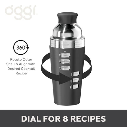 OGGI Dial A Drink Cocktail Shaker-23oz Stainless Steel Shaker, 8 Recipes, Stainless Steel Lid has Built in Strainer, Ideal Cocktail Mixer, Martini Shaker, Margarita Shaker & More, Stainless