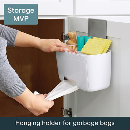 YouCopia DoorStash Garbage Bag Dispenser, Hanging Kitchen Cabinet Door Organizer with Removable Lid for Storage, Speckled White