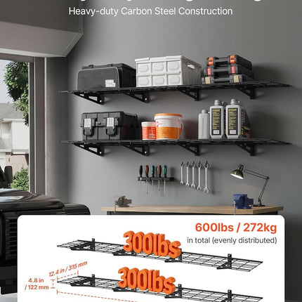 VEVOR 2-Tier Heavy Duty Wall Garage Shelving, 4 Pack 305 x 914 mm Steel Wall Mounted Shelving Unit, 305 x 1828 mm Per Shelf Floating Storage Metal Rack for Garage, 272 kg Total Weight Capacity, Black