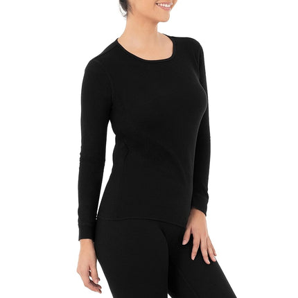 Fruit of the Loom Women's Micro Waffle Premium Thermal Underwear Tee Shirt Pajama Top, Black/Black, Large
