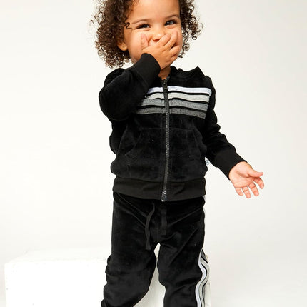 HonestBaby Velour Pullover Hoodie and Zip Front Sweatshirt and Jogger Sweatpants Set Baby, Toddler, Boys, Girls, Unisex, Black with Stripe, 0-3 Months, Black with Stripe, 0-3 Months