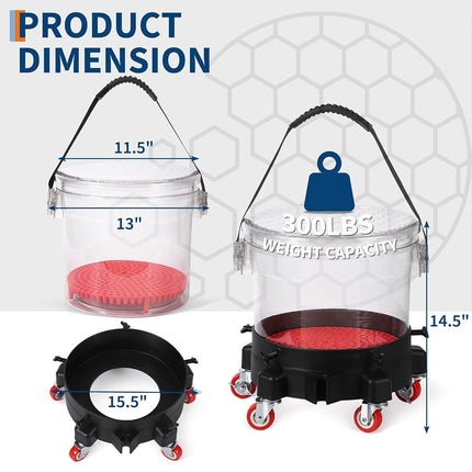 Kit de lavage de voiture de 5 gallons avec chariot à 5 roulettes, seau de 15,5 L, grilles anti-gravier, poignée en caoutchouc et couvercle, système de détail roulant d'une capacité de 136 kg pour le nettoyage automobile, robuste (transparent)
