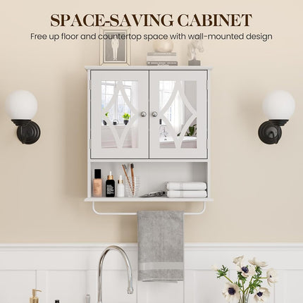 May in Color Bathroom Medicine Cabinet with Mirror, Vanity Wall Mounted Storage Cabinet with Adjustable Shelves and Towel Bar, Hanging Wall Cabinet for Bathroom, Laundry, Living Room, White