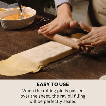 Marcato Ravioli Maker Press - 50 mm Round Cut Machine With Ample Filling Space, Wooden Rolling Pin Included, Made in Italy