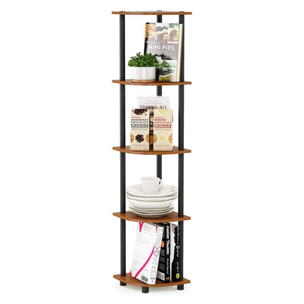 Furinno TURN-N-TUBE Corner Shelf, 5-Tier Corner Bookshelf, Open Storage Shelves, for Organization and Storage, Living Room, Home Office, Garage, Bedroom, Light Cherry