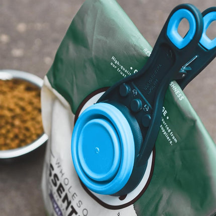 Dexas Popware for Pets Collapsible Klip Scoop, 3 in 1 Design Convenient Measuring Cup, Food Scooper and Bag Clip, 1Cup Capacity Pet Food Scoop, Versatile Food Measuring Cups Portion Control Gray/Blue