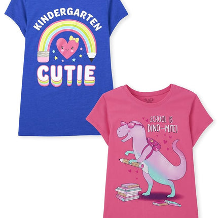 Lot de 2 t-shirts à manches courtes pour filles The Children's Place, motifs « Kindergarten Cutie » et « School is Dino-Mite », taille M
