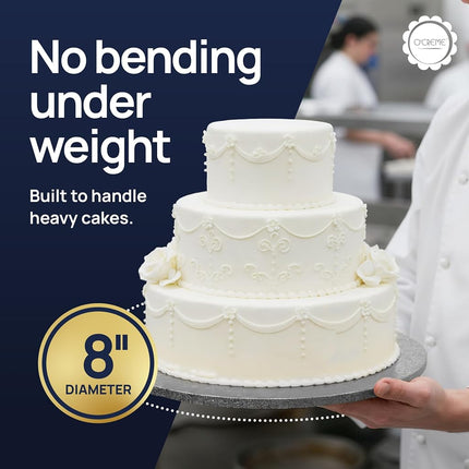O'CREME Round Cake Drum Board Silver Wraparound 8 Inch – 10 Pack