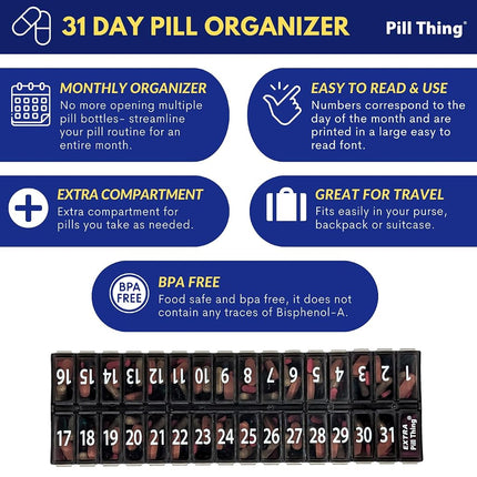 AM PM 31 Day Once-a Day Monthly Pill Planner Organizers - Large Compartment Pill Boxes Store Medications for Entire Month Plus Compartment for Extra Pills (AM/PM) (Am/Pm Black & Teal)