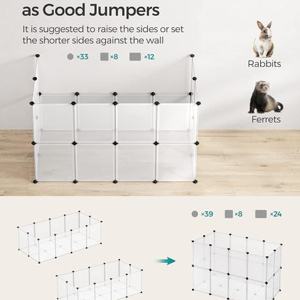 SONGMICS Pet Playpen,Fence Cage with Bottom for Small Animals Guinea Pigs, Hamsters, Bunnies,Rabbits, Pet Exercise Run and Crate, Transparent Plastic Panels, ULPC02W