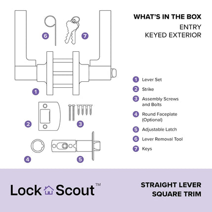 Lock Scout Straight Lever with Square Trim Keyed Entry Door Handle and Single Cylinder Deadbolt, Matte Black Finish
