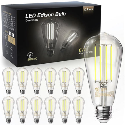 TJOY 12 Pack Edison LED Light Bulbs, E26 Base, 8W 