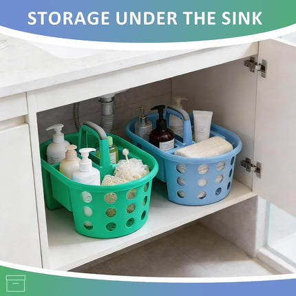 SIMPLYKLEEN Large Shower Caddy Portable 2PC - Made in USA Plastic Jumbo Size Dorm Storage Candy Tote with Handle Shower Organizer for Bathroom, Pantry, Kitchen, College Dorm, Green/Periwinkle