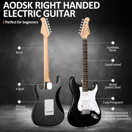AODSK Electric Guitar with Amp Beginner Kit 39 Inch Solid Body Full Size,HSS Pick Up,All Accessories,Digital Tuner,Six Strings,Four Picks,Tremolo Bar,Strap,Gig Bag,Starter kit -Black