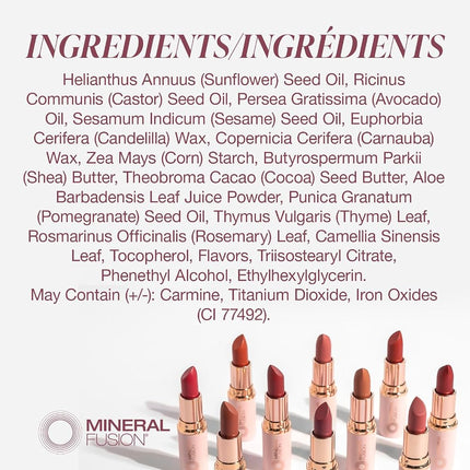 Mineral Fusion Long-Lasting Lipstick, Vivid & Smudge-Free Lip Color with Avocado Oil, Cocoa Seed Butter, Free of FD&C Dyes, Paraben and Gluten, Passion Punch