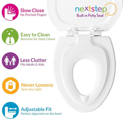 Mayfair NextStep2 Toilet Seat with Integrated Potty Seat with Slow Closing Easy Clean Removable Never Loosen Stretched Toilet Seat (White)