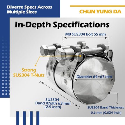 CHUN YUNG DA TT Extra Wide Heavy Duty Hose Clamps,304 Stainless Steel 2.55 inch Exhaust Clamp, Sleeve Coupler Butt Joint Band Clamp for Muffler Repair 2.52-2.64 inch (64-67 mm,1 pack)