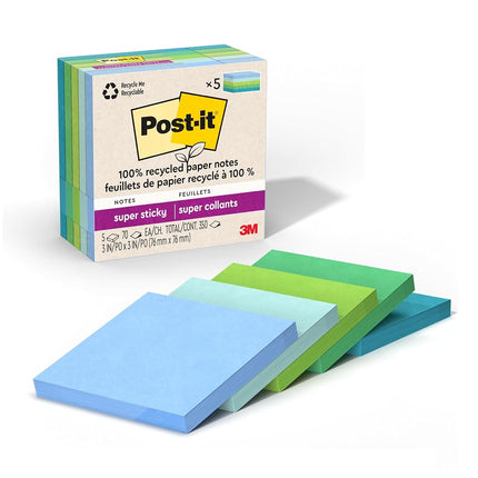 Post-it 100% Recycled Paper Super Sticky Notes, 2X The Sticking Power, 3x3 in, 5 Pads, 70 Sheets/Pad, Oasis Collection (654R-5SST)