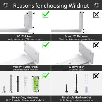 Heavy Duty Shelf Brackets 4 Inch (1/5") Thick, 6 Pack Floating Hidden Brackets, Rustic Industrial with Modern Iron Finish (White)
